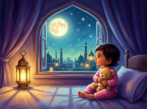 Storybook illustration of a cosy bedroom beneath a moonlit sky